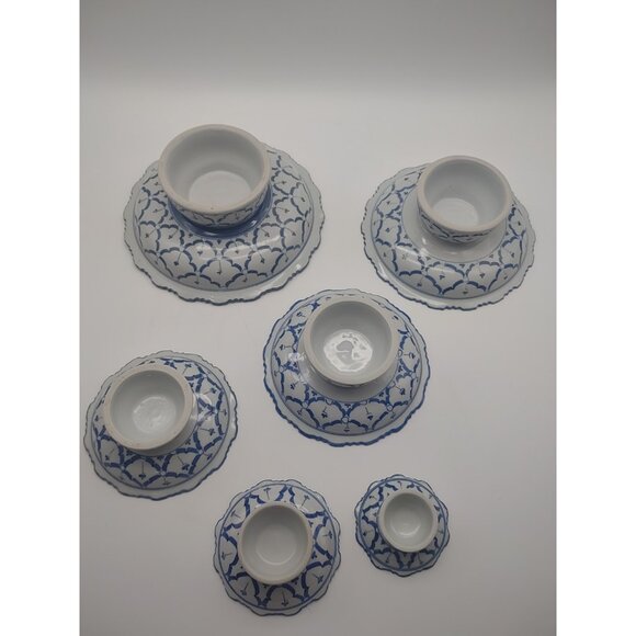 Vintage Set of 6 Blue White Floral Porcelain Stacking Pedestal Bowls 9.5” Tall - Picture 8 of 17